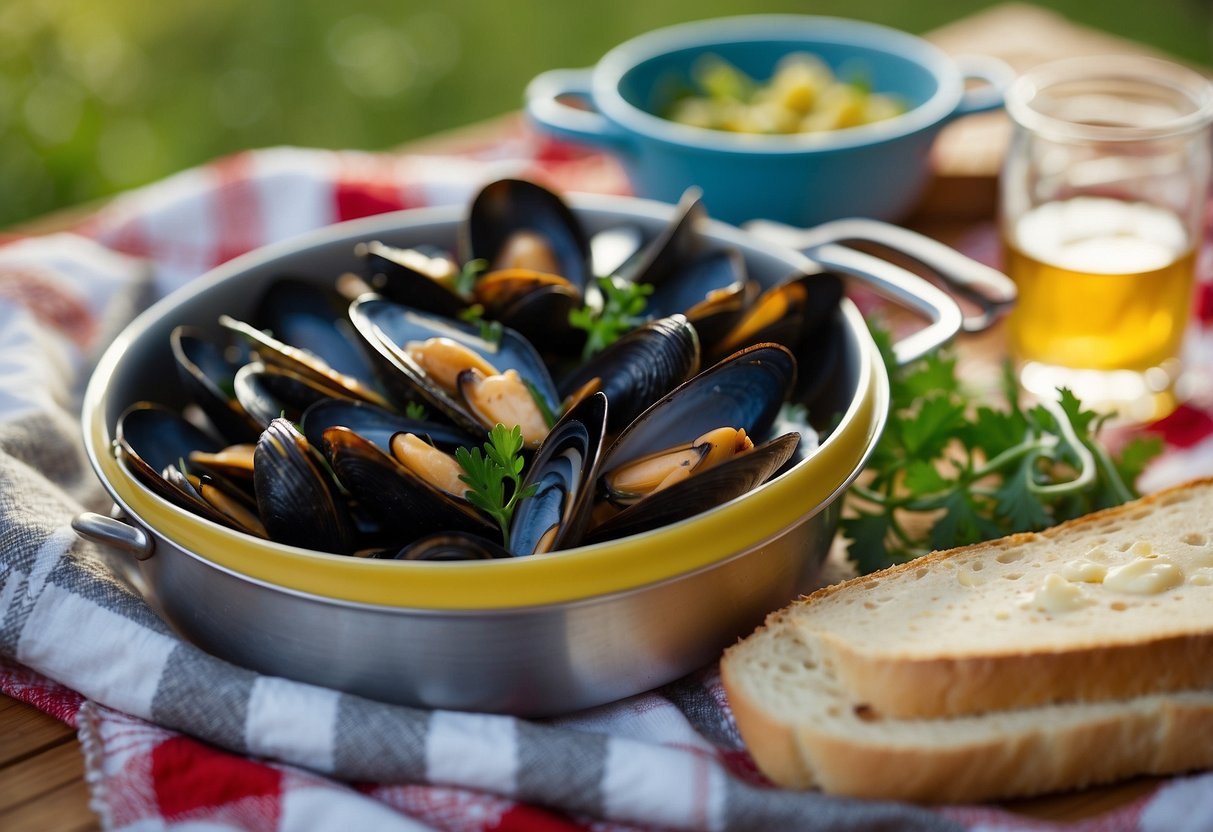 A pot of mussels simmering in a fragrant white wine sauce, surrounded by fresh herbs and crusty bread on a checkered picnic blanket