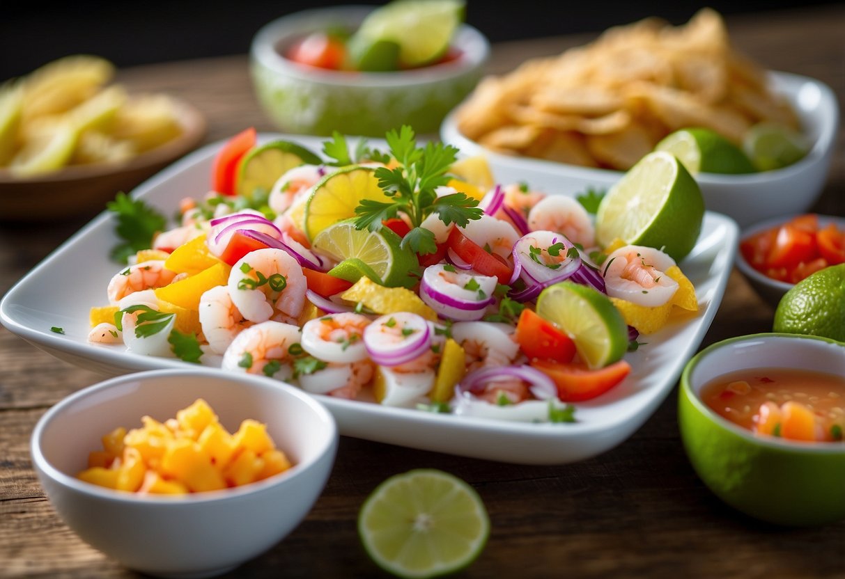 A wooden picnic table with a white tablecloth is set with a vibrant ceviche dish, garnished with fresh lime slices and surrounded by colorful seafood ingredients