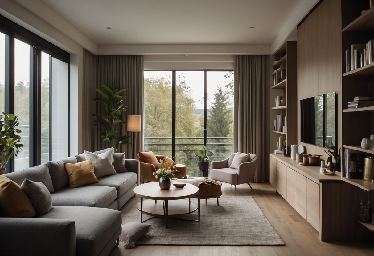 A living room with a cozy sofa, coffee table, and bookshelf. A dining area with a table and chairs. A bedroom with a comfortable bed, bedside tables, and a wardrobe