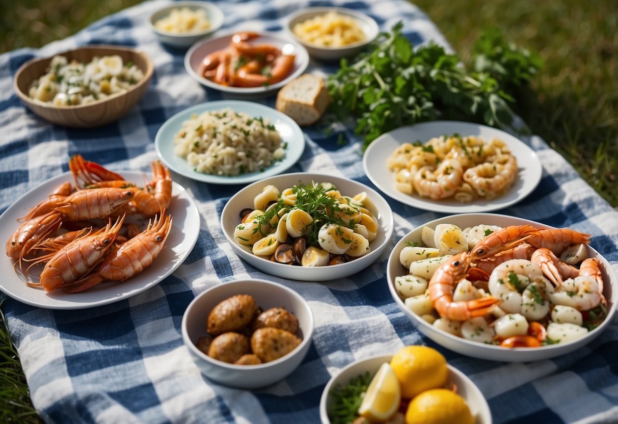 A picnic spread with a variety of seafood dishes laid out on a checkered blanket, surrounded by greenery and a sunny blue sky