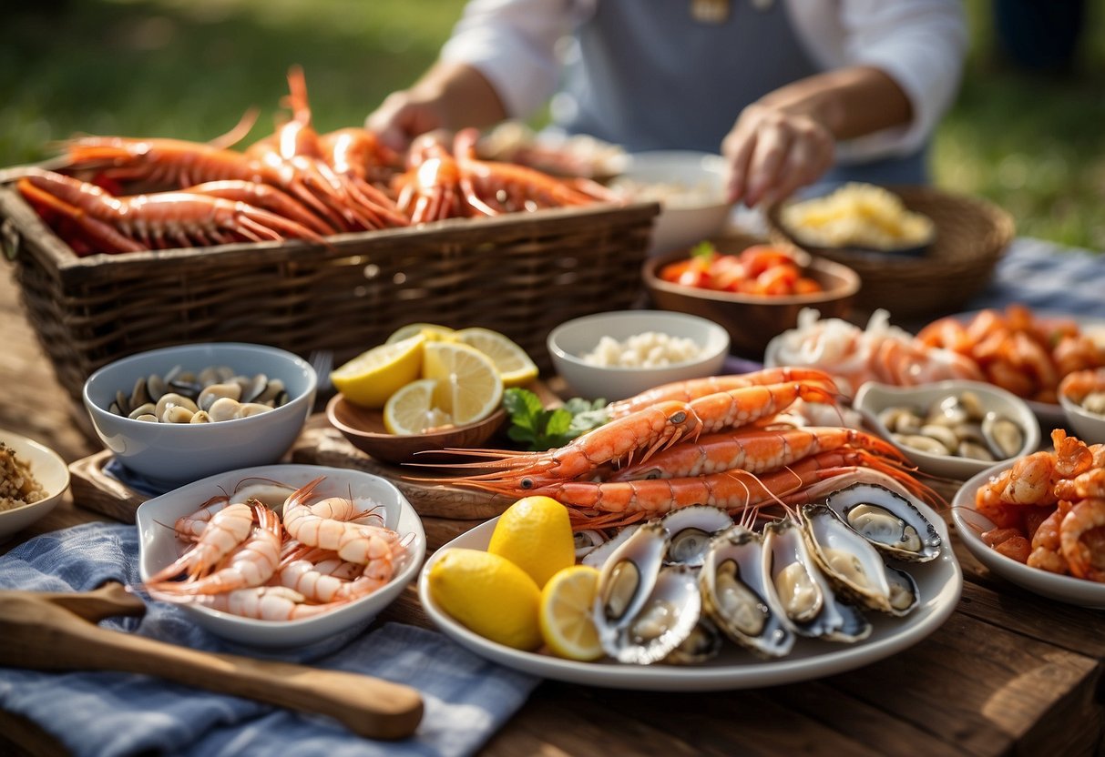 A spread of fresh seafood, including shrimp, crab legs, and oysters, is being prepared on a rustic wooden table with colorful picnic blankets and baskets in the background