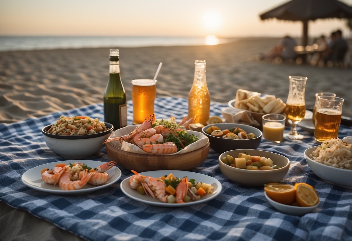 A picnic spread with seafood dishes and drinks arranged on a checkered blanket near the beach