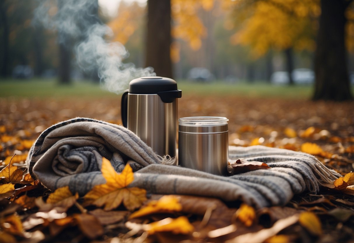 A cozy blanket spread on the ground, with a steaming thermos and a spread of warm food. Trees with colorful leaves in the background, and a hint of cool breeze in the air