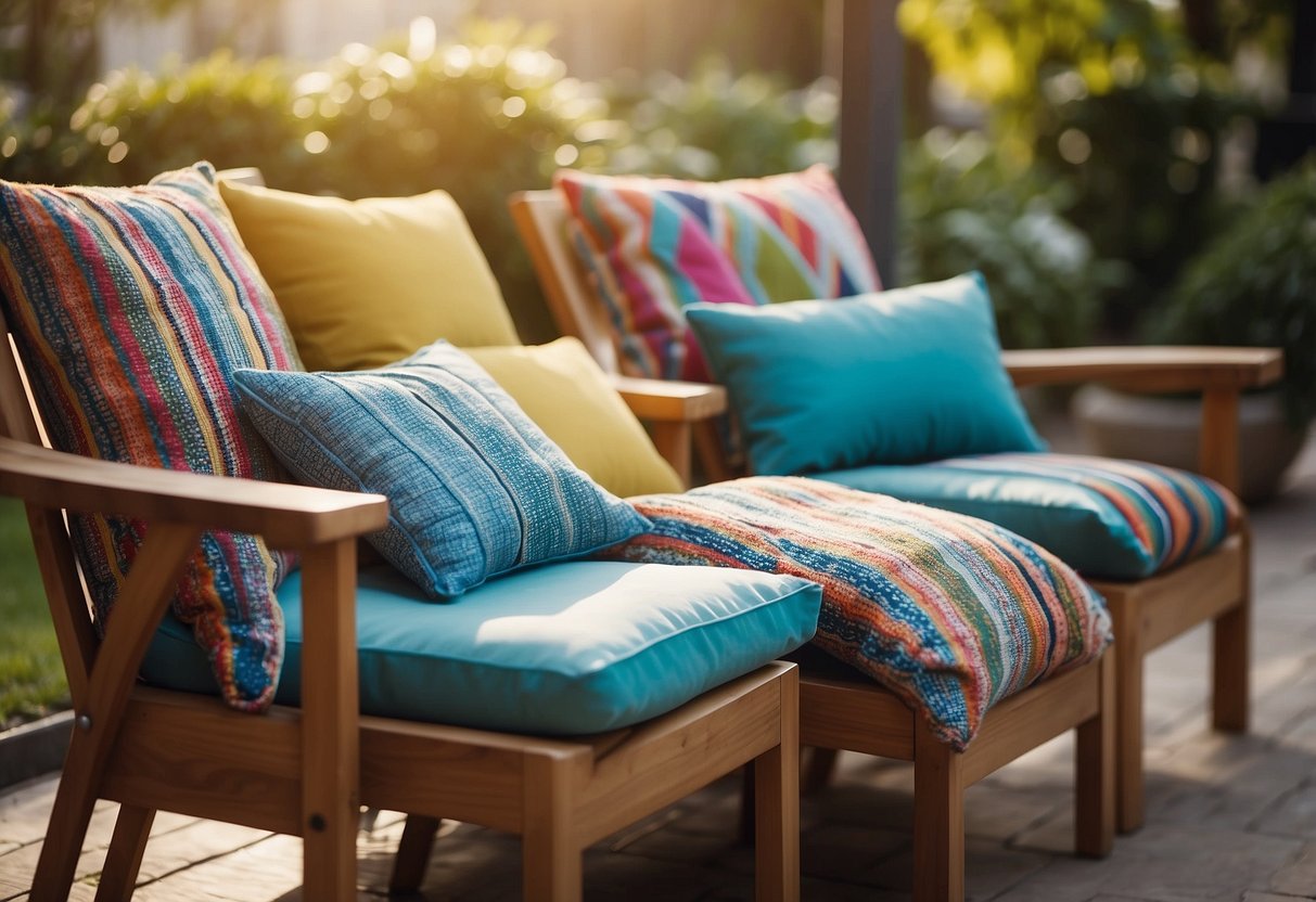 Colorful outdoor furniture pillows arranged neatly on a cozy patio seating area. Sunshine illuminates the vibrant patterns and textures, inviting relaxation and comfort