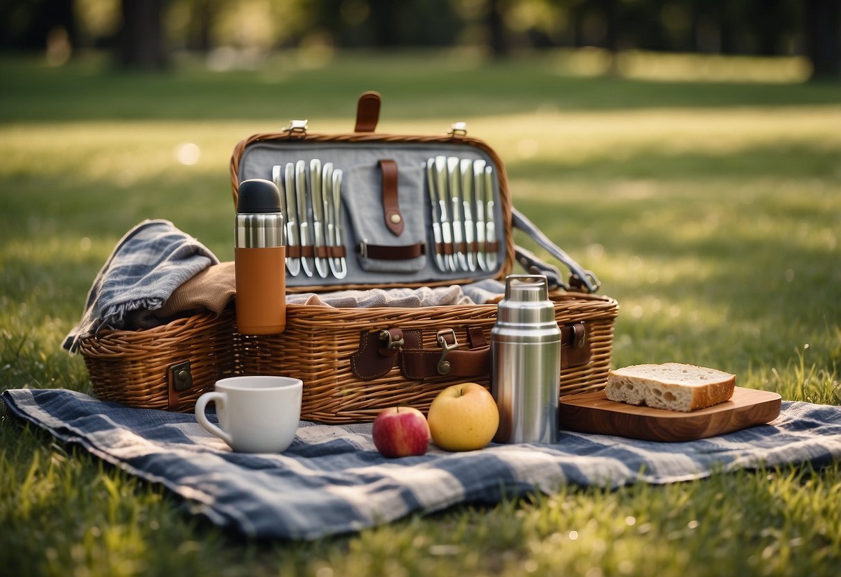 A picnic scene with a basket, thermos, and thermal blankets laid out on the grass in a cool, serene setting