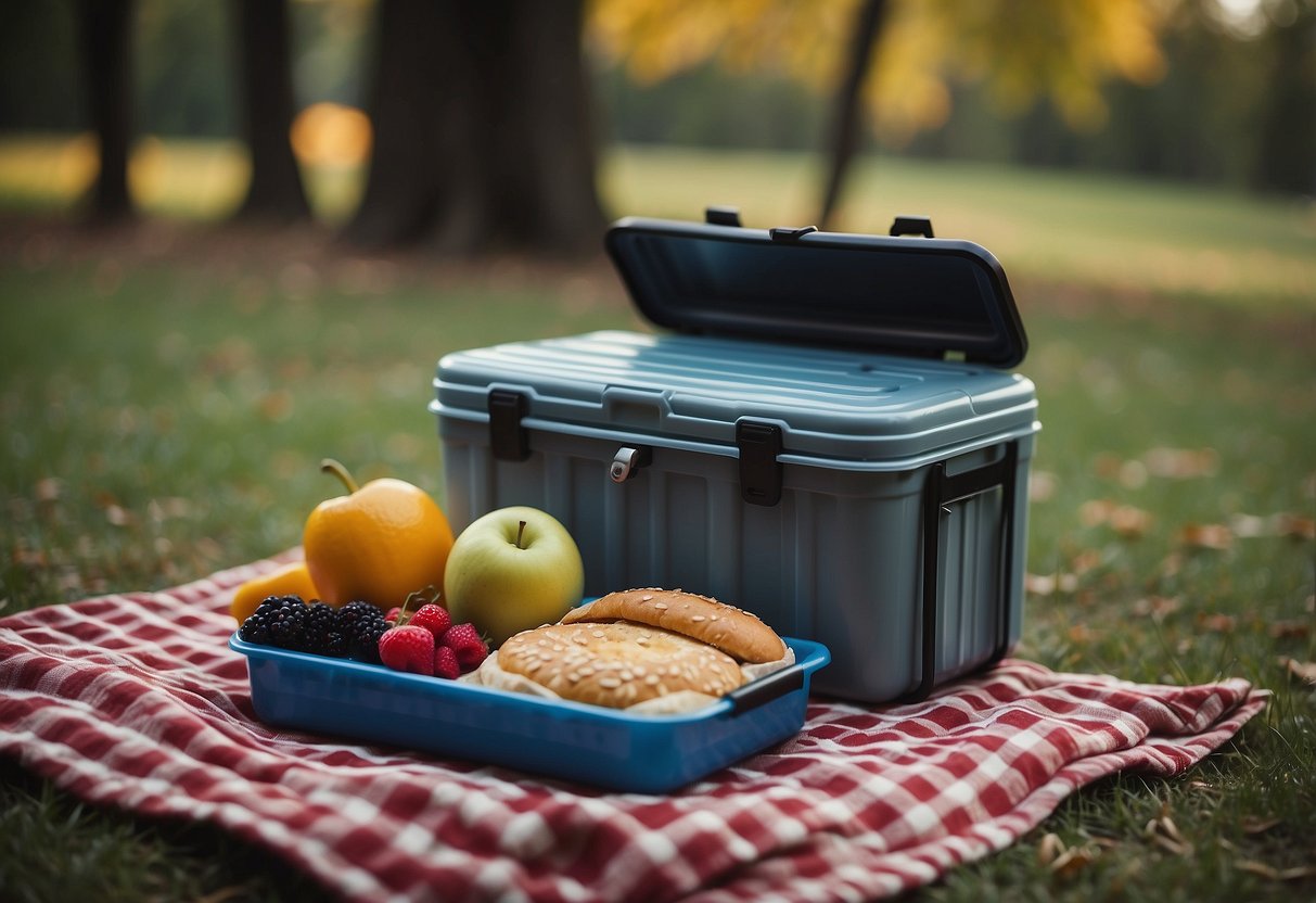 Insulated containers hold food on a picnic blanket in cool weather