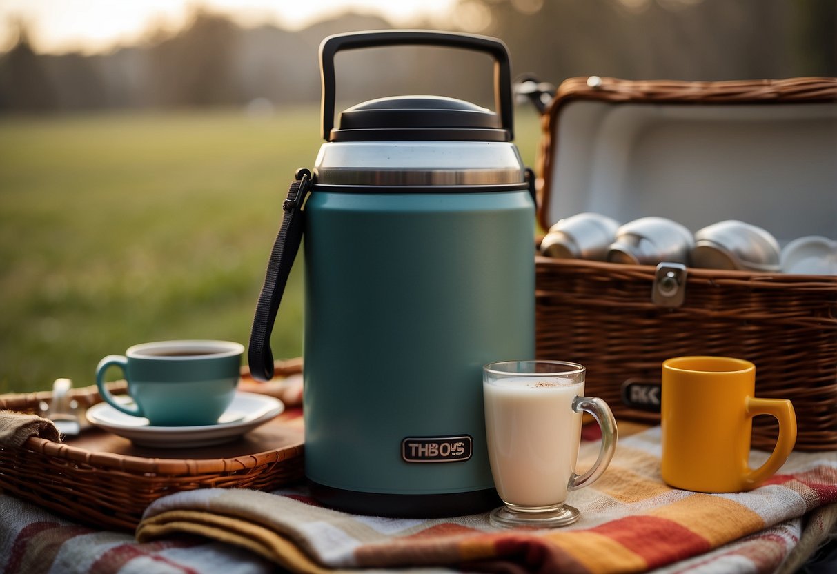 A thermos filled with steaming hot drinks sits next to a picnic basket in a chilly outdoor setting