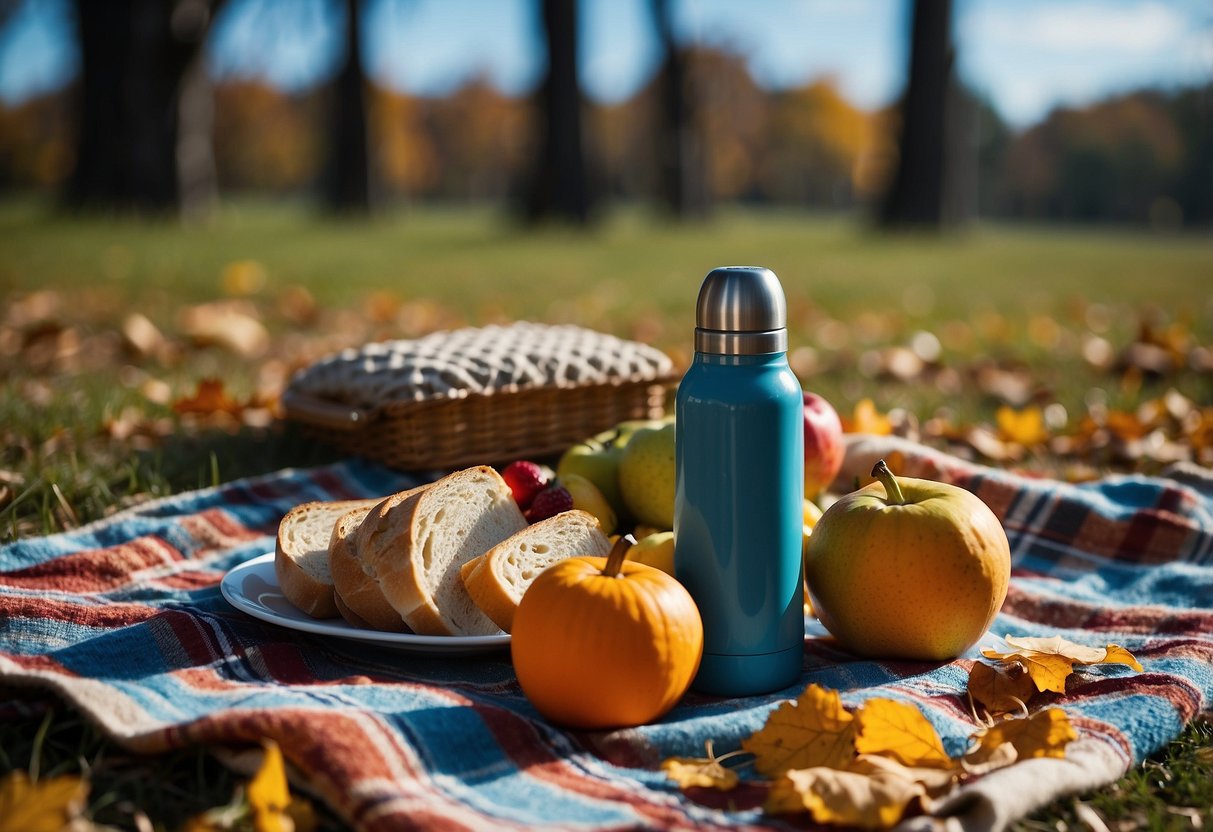 A picnic blanket spread on the ground with a thermos, sandwiches, and fruit. Surrounding the scene are colorful fall leaves and a clear blue sky