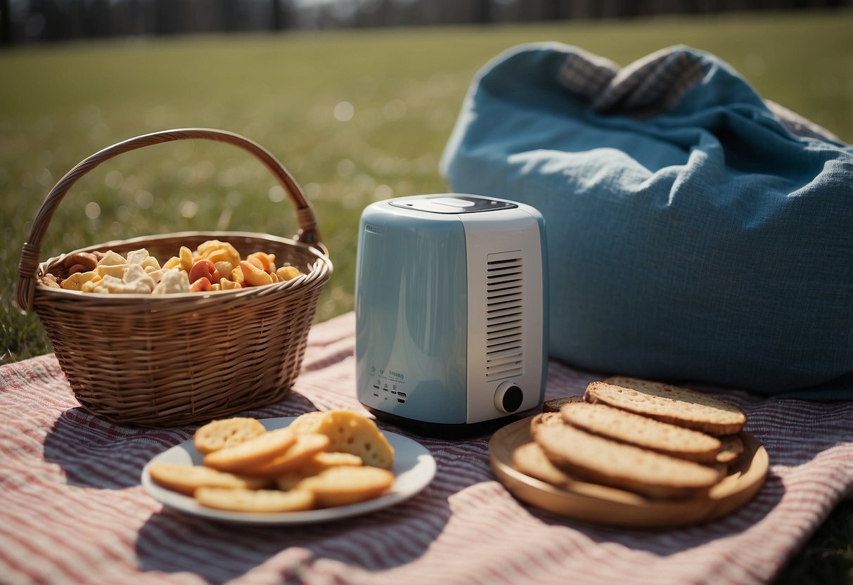 A portable heater warms a picnic blanket on a chilly day, surrounded by thermoses and a basket of snacks