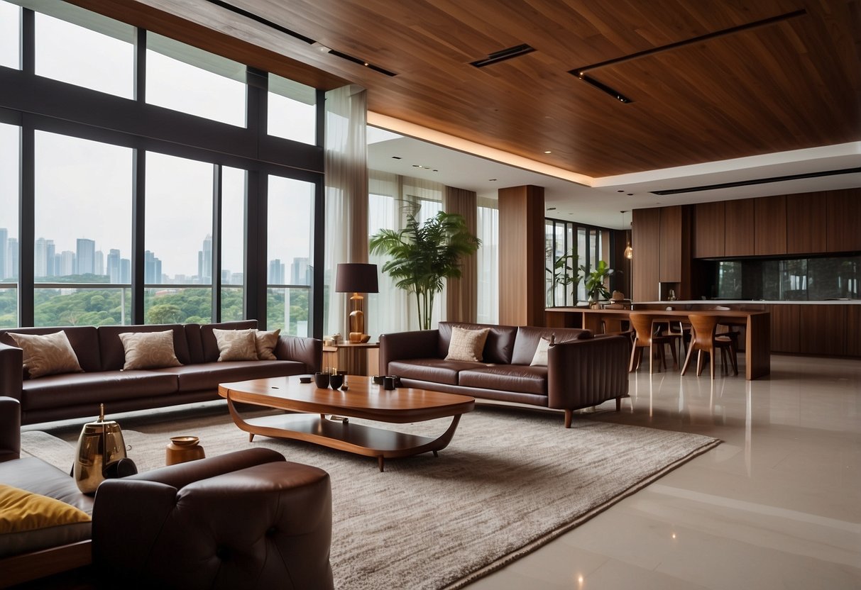 A luxurious living room with teak and mahogany furniture in Singapore. Rich wood tones and elegant designs create a sophisticated and inviting atmosphere