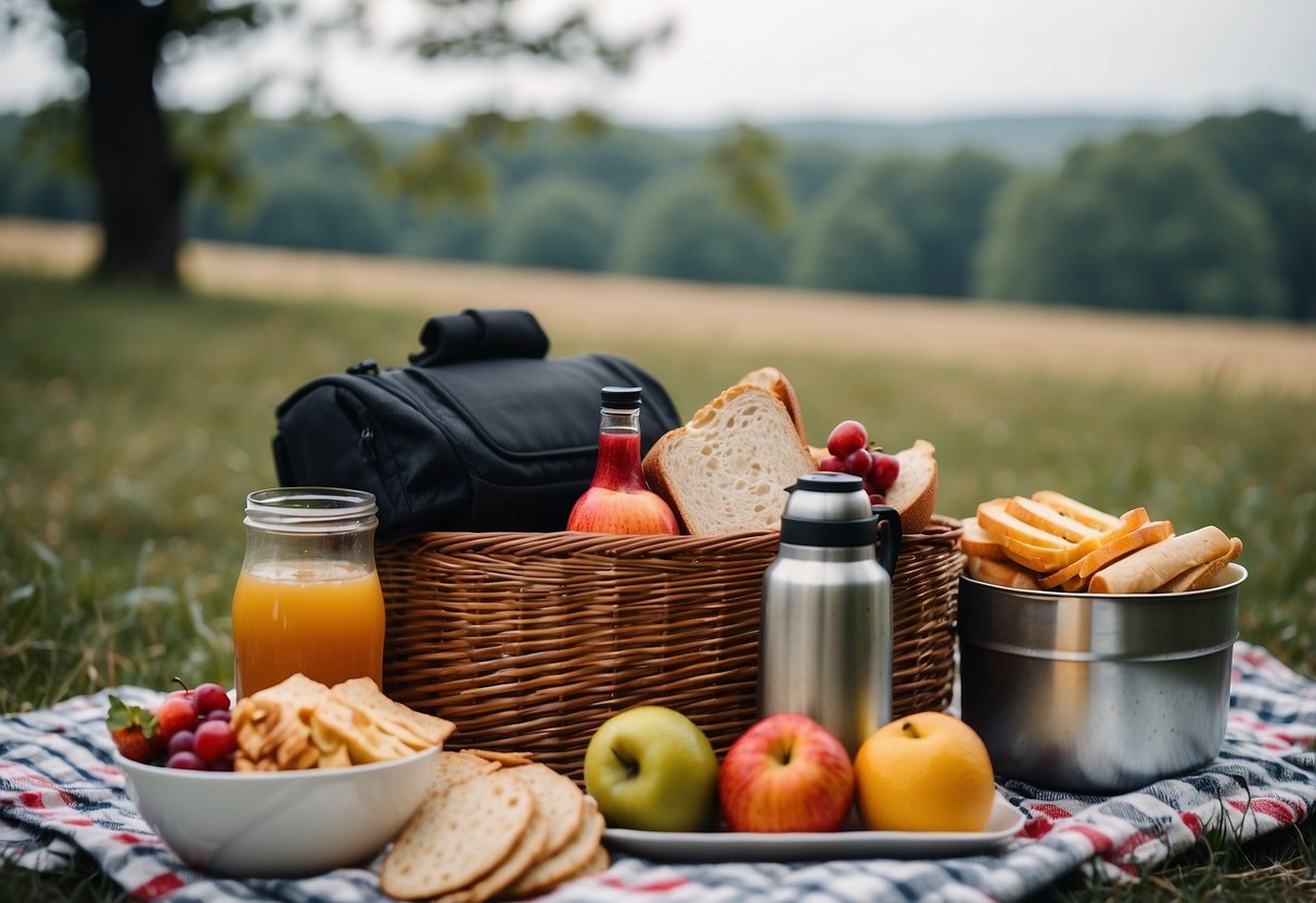 A picnic blanket spread on the ground, surrounded by thermoses, sandwiches, fruit, and a basket of snacks. The sky is overcast, and there are hints of fall foliage in the background