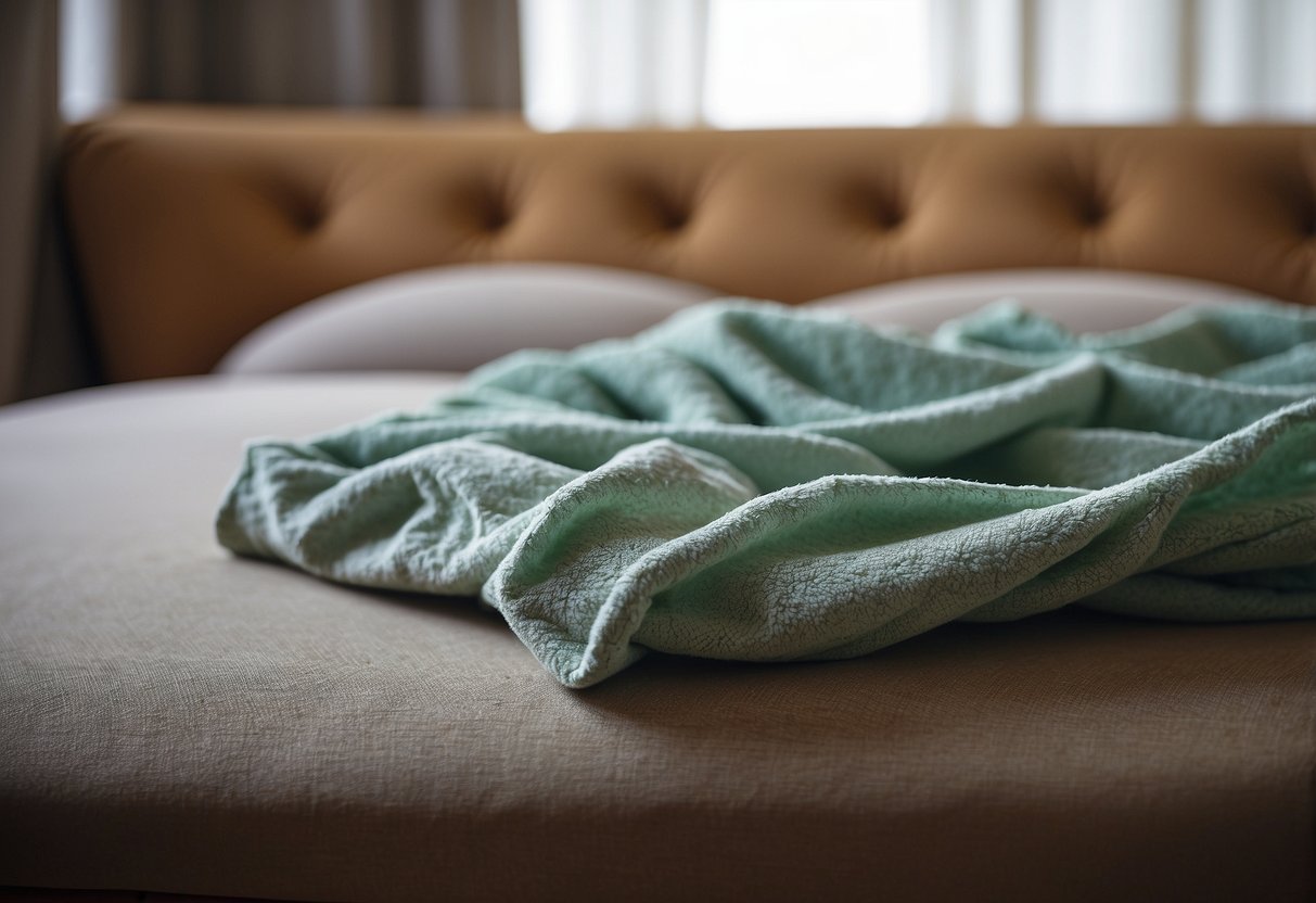 Powdery mildew covers furniture surfaces in a living room, with white, fuzzy patches visible on the wood and fabric