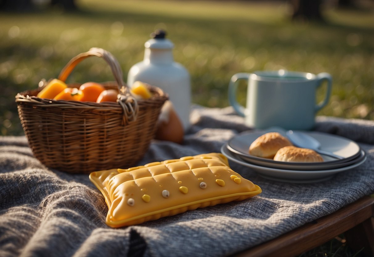 Reusable hand warmers lay next to a picnic basket on a blanket in a chilly outdoor setting