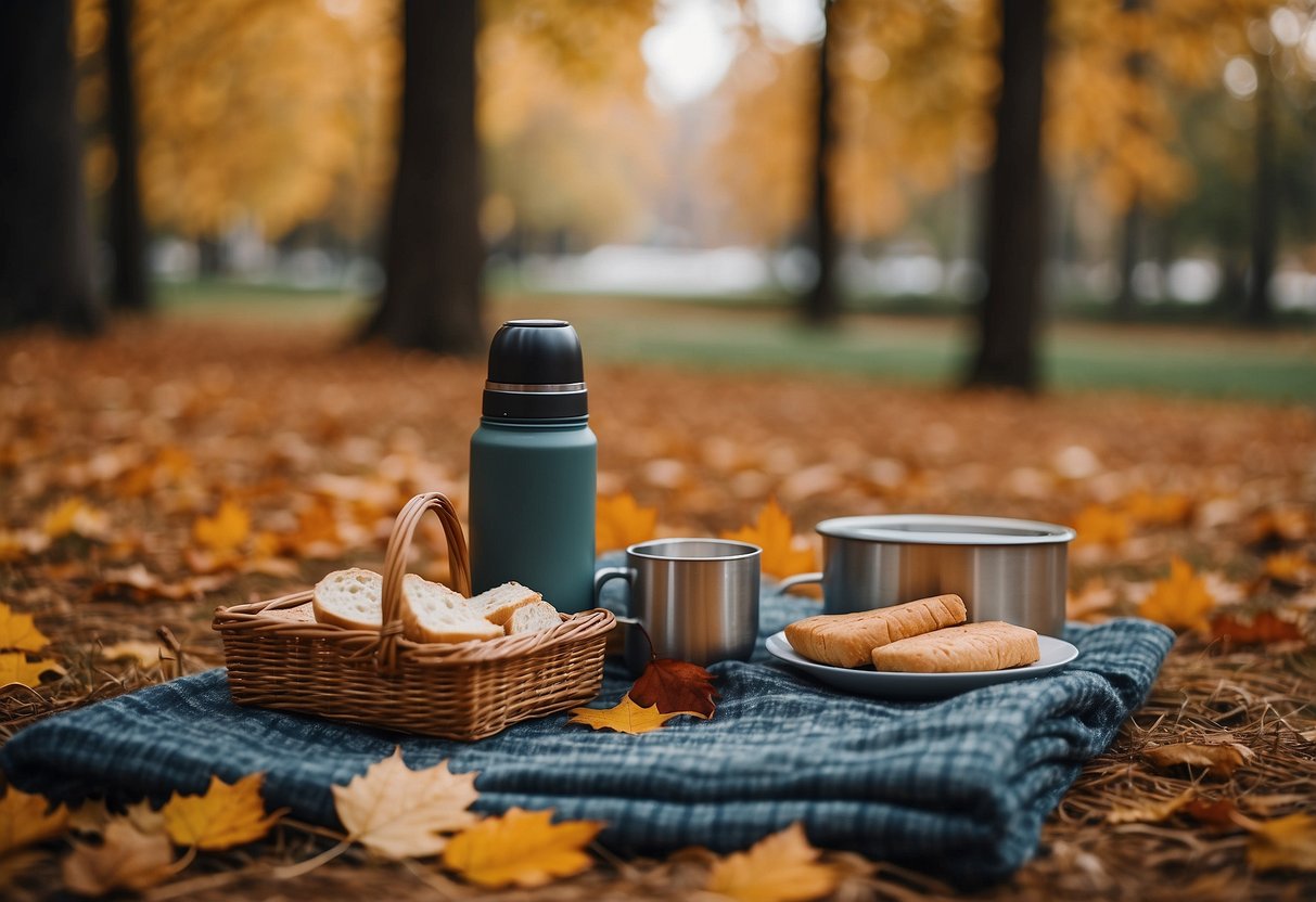 A cozy picnic spot in a cool weather setting. Blanket spread on the ground, surrounded by colorful autumn leaves. A thermos, basket, and snacks arranged neatly