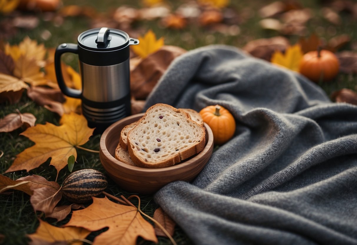 A cozy blanket spread on the ground, a thermos of hot cocoa, a basket of sandwiches, and a colorful array of autumn leaves scattered around