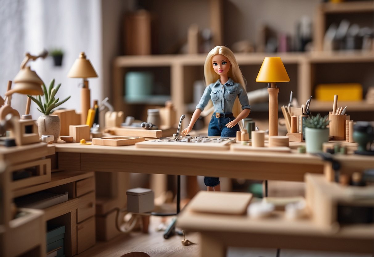 A bright, organized workspace with a variety of tools and materials for building miniature furniture. A Barbie doll sits nearby, surrounded by unfinished pieces and design sketches