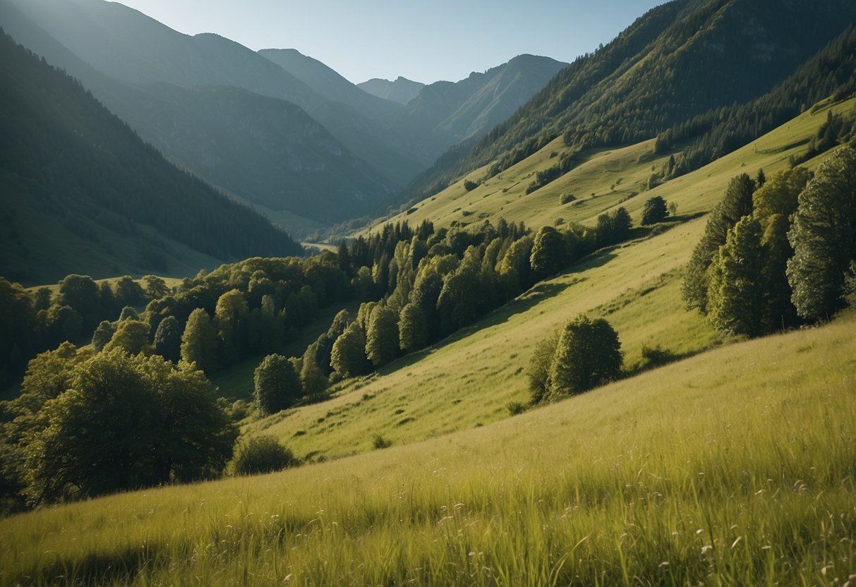 Lush green meadows with rocky outcrops, surrounded by towering trees and a clear blue sky. In the distance, a mountain range offers challenging climbing opportunities