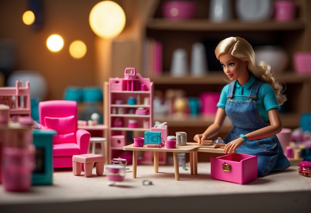 A person assembles and decorates DIY Barbie furniture