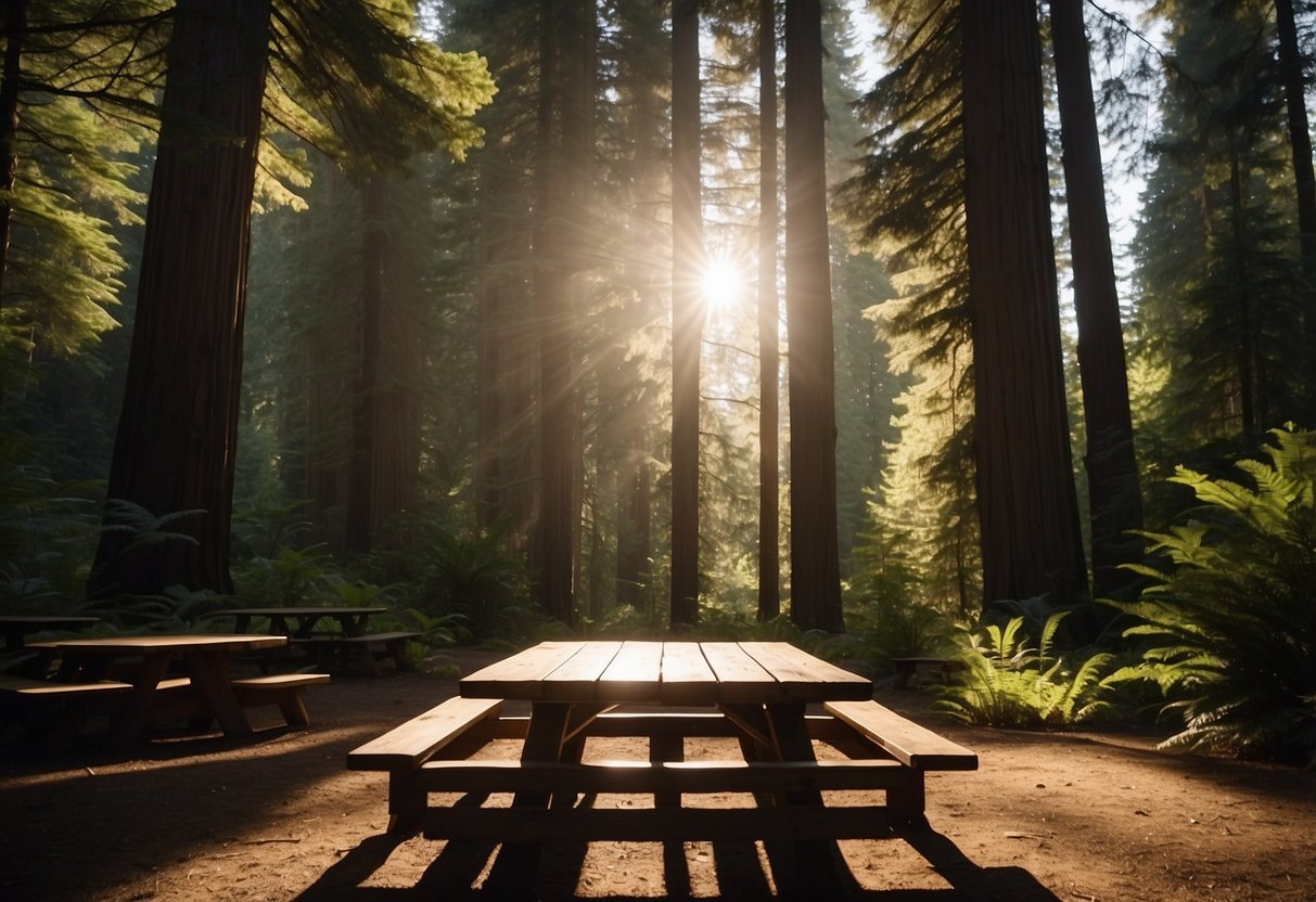 Sunlight filters through towering redwoods, illuminating lush greenery. Picnic tables nestled among the trees offer breathtaking views. Climbing opportunities abound on the rugged terrain