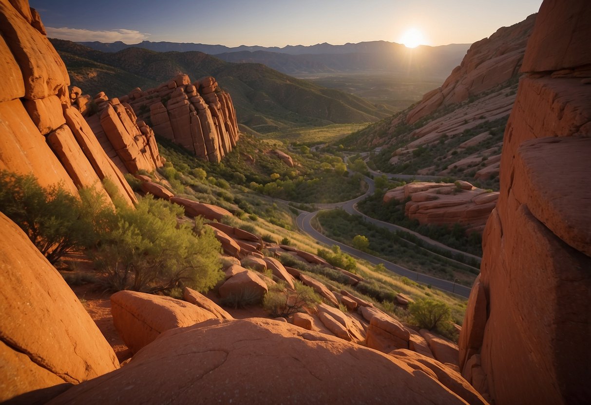 Sunset at Red Rocks Park, Colorado. Rocky formations surround lush green picnic spots. Climbers scale the vibrant red cliffs