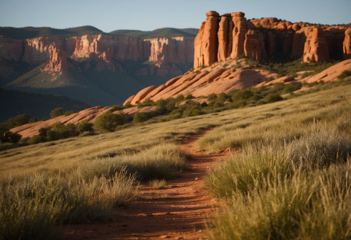 Sunlit red rock formations tower over lush green meadows. A winding trail leads to secluded picnic spots with stunning views and nearby climbing opportunities