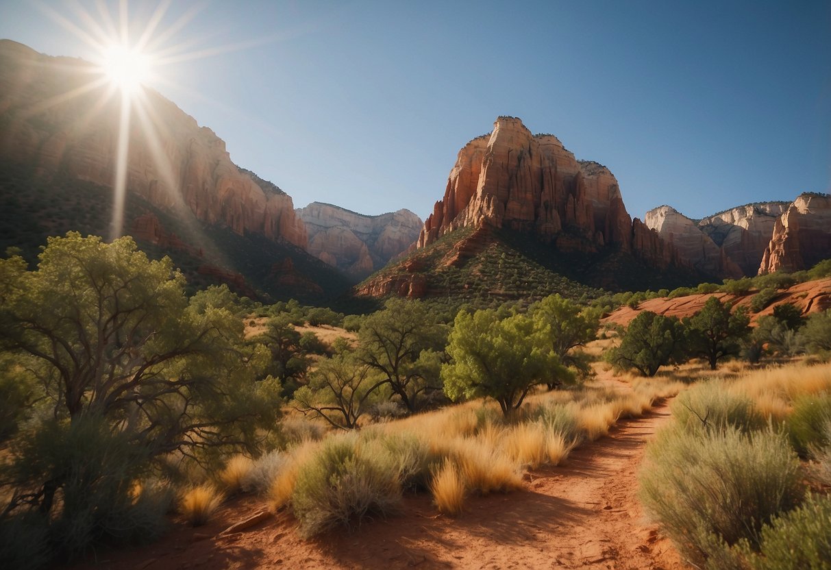 Sunlit red rock formations tower over lush green meadows, with winding trails leading to hidden climbing spots in Zion National Park, Utah