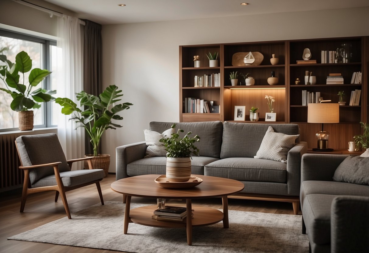 A cozy living room with real walnut furniture, including a coffee table, bookshelf, and sideboard, creating a warm and inviting atmosphere