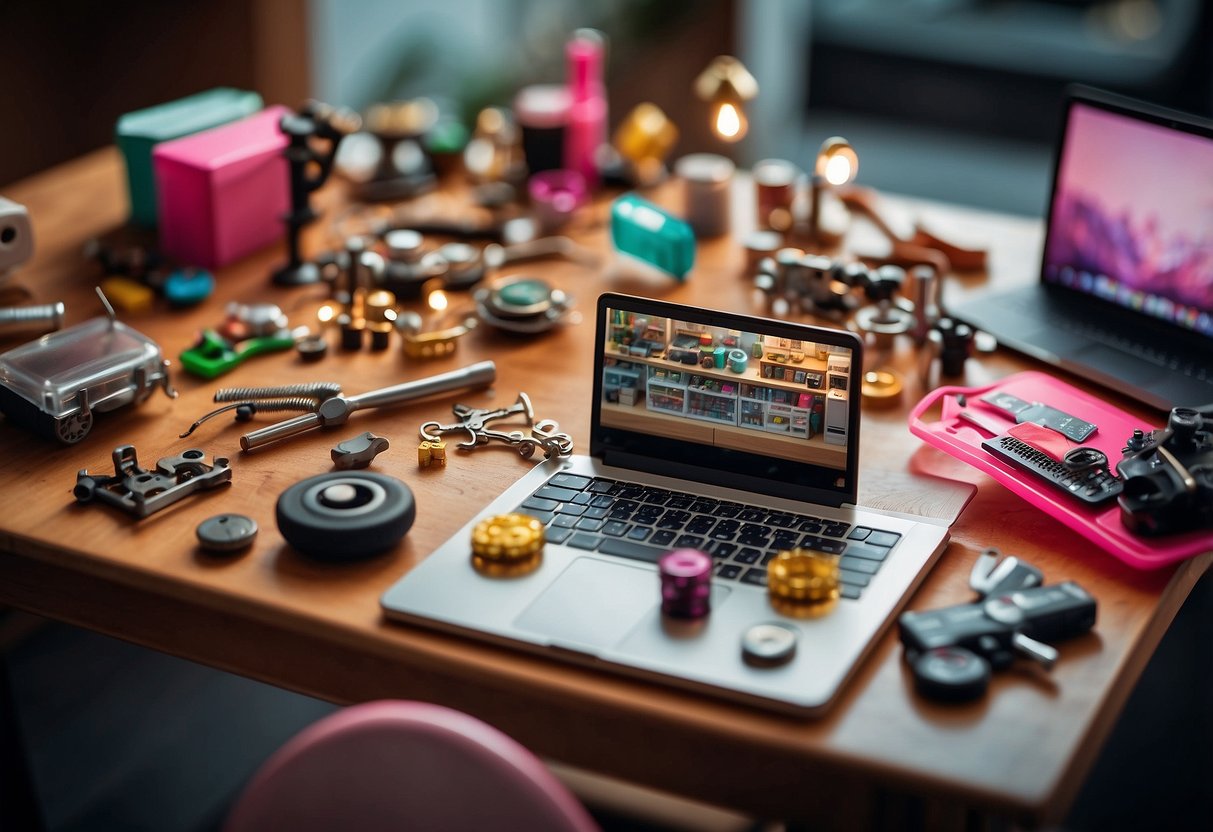 A table cluttered with miniature furniture pieces, surrounded by DIY tools and materials. A laptop open to a "Frequently Asked Questions" page on making Barbie furniture