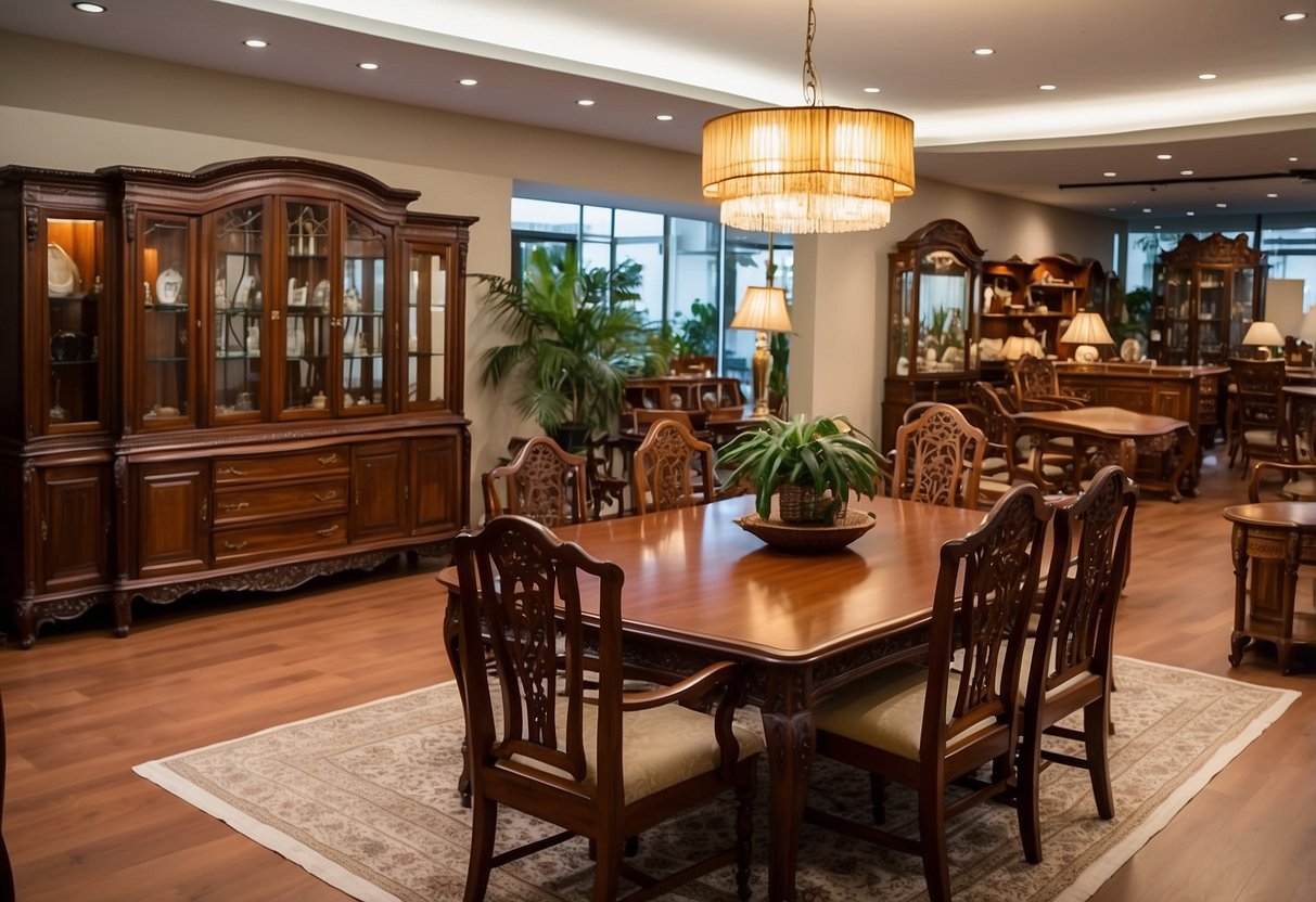 A showroom filled with teak and mahogany furniture, showcasing elegant designs and rich wood tones. Bright lighting highlights the intricate details of the pieces, creating a warm and inviting atmosphere