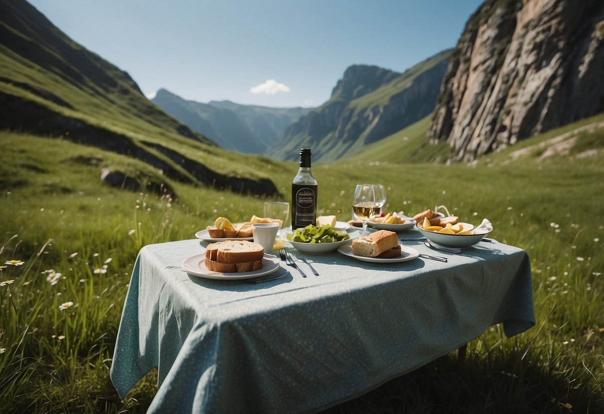 Lush green meadows surrounded by towering cliffs, with clear blue skies and gentle breezes. A picnic spread with climbing gear nearby