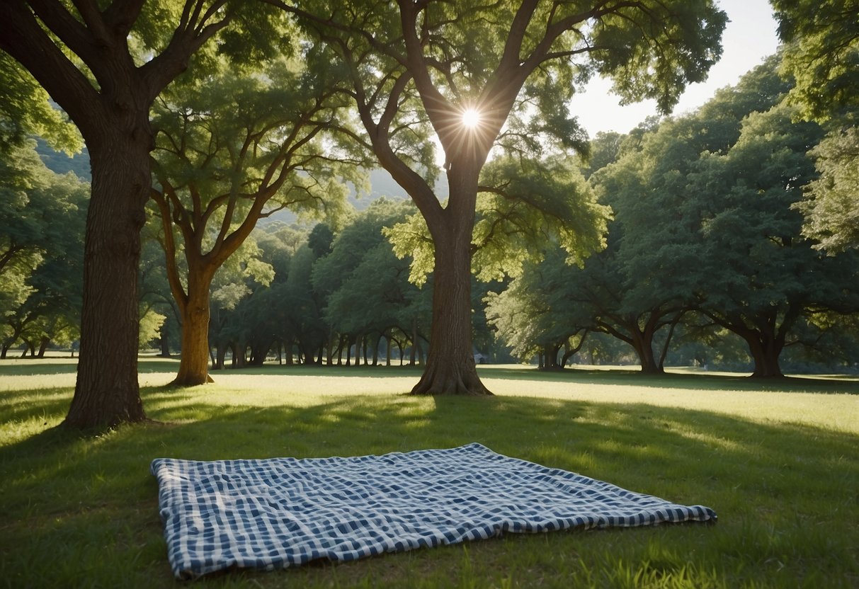 A lush green park with picnic blankets spread out under shady trees. In the distance, rocky cliffs provide opportunities for climbing. Blue skies and a gentle breeze create a perfect outdoor setting for relaxation and adventure