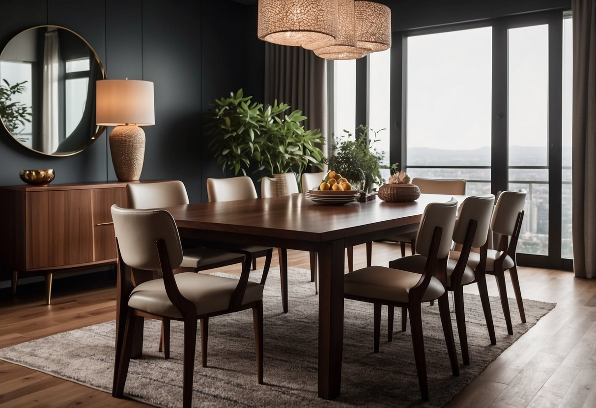 A well-lit room showcases a sleek, real walnut dining table surrounded by matching chairs. The rich, dark wood grain adds warmth and sophistication to the space