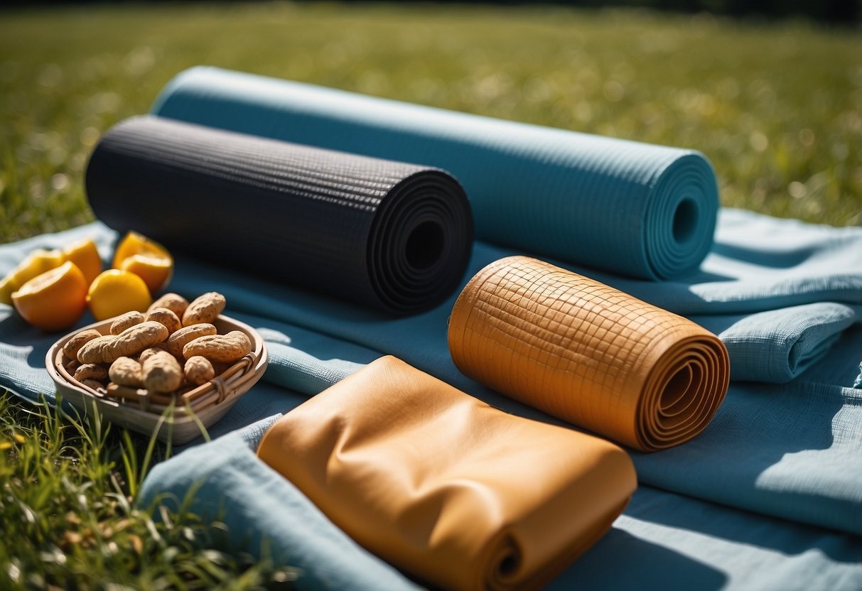 A group of yoga mats spread out on a grassy field, surrounded by trees and a clear blue sky. A picnic basket filled with healthy snacks and refreshing drinks sits nearby