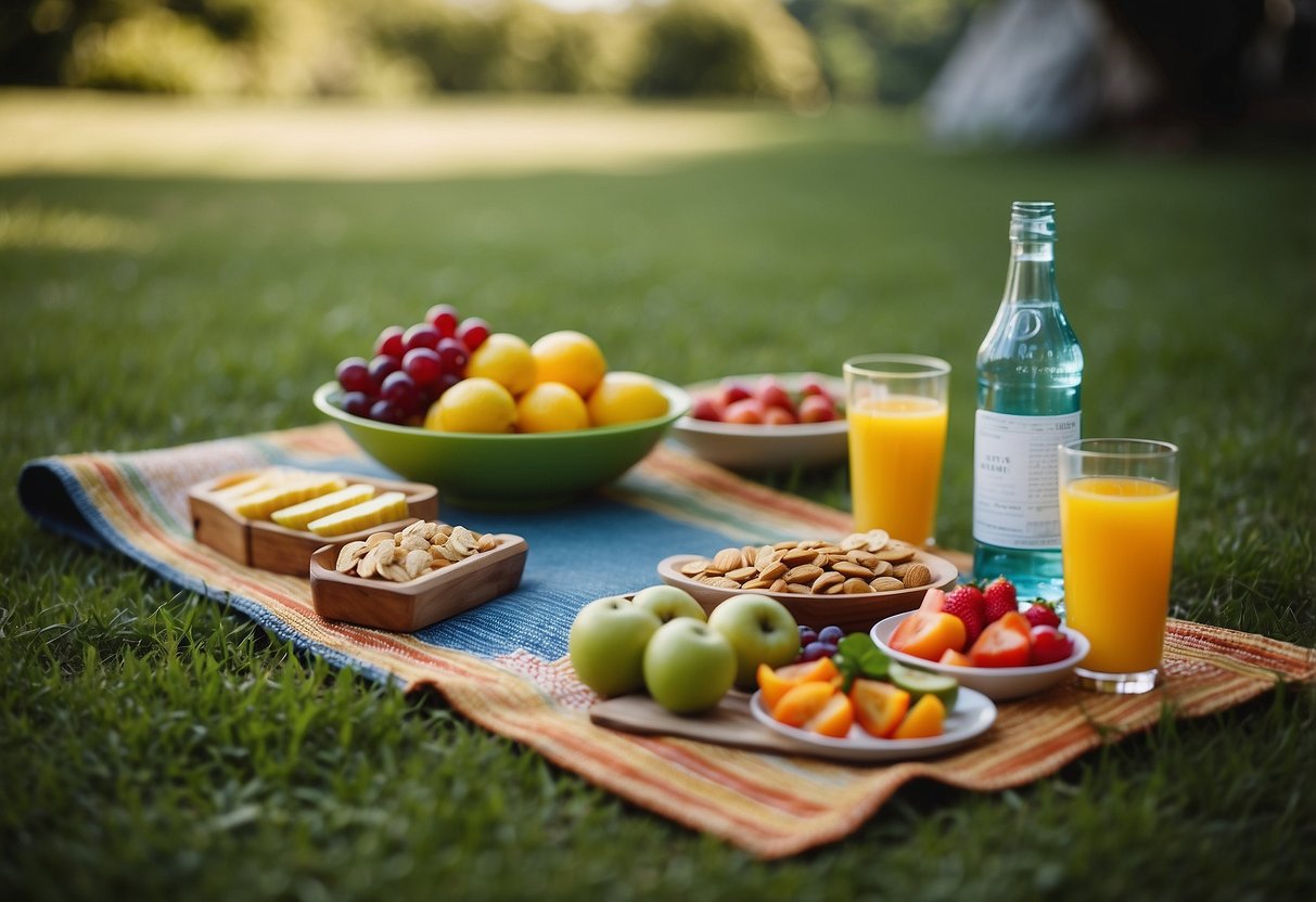 A colorful yoga mat spread out on lush green grass, surrounded by healthy snacks and refreshing drinks, with a serene and peaceful atmosphere