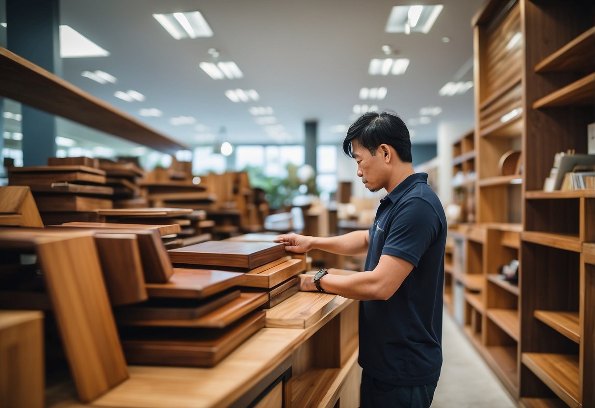 A customer carefully selects teak and mahogany furniture at a Singapore store. The pieces are then delivered to their home and placed in a well-lit, spacious room