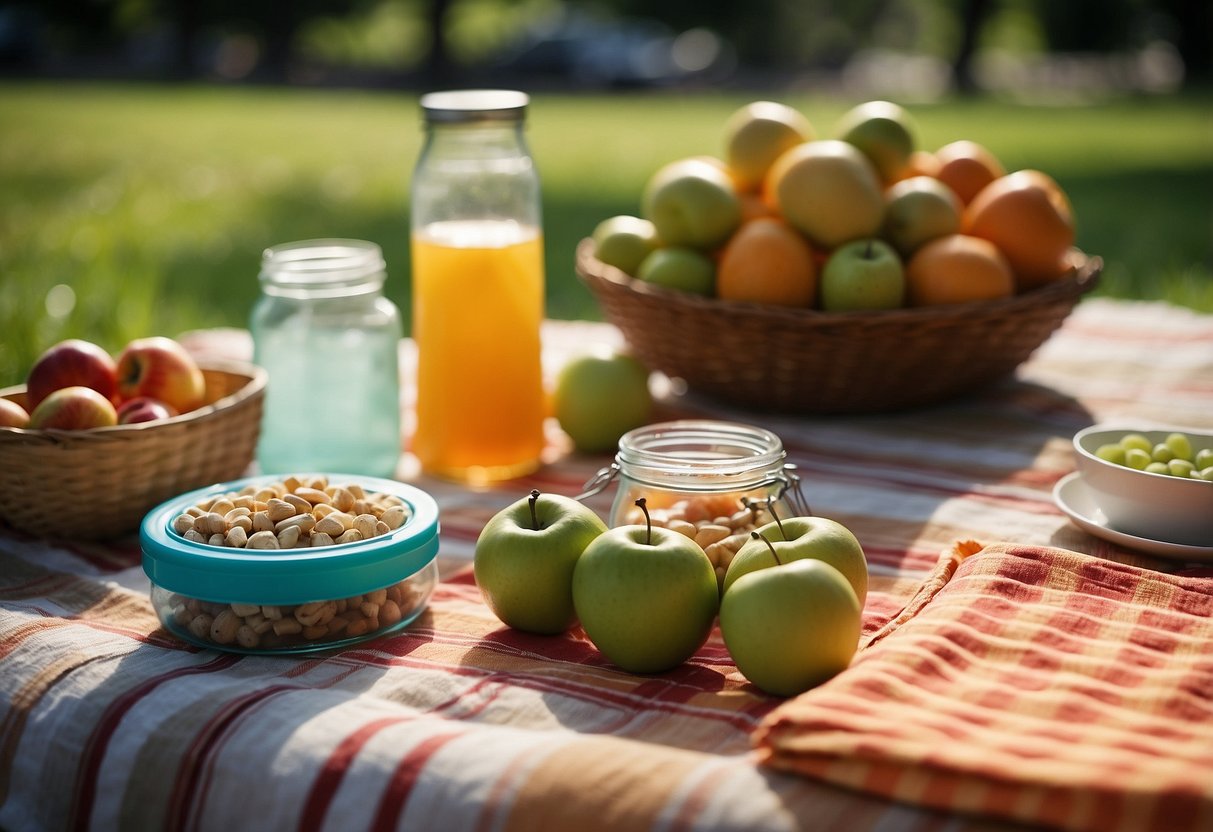 A picnic blanket with yoga mats, surrounded by fruit-infused water jars and healthy snacks. Sunshine and greenery in the background