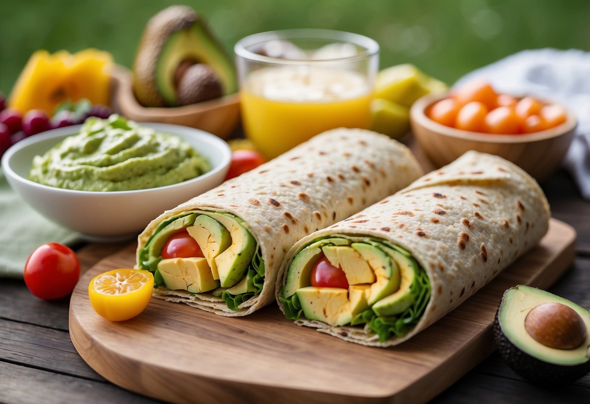 A picnic blanket spread out on a grassy field with a colorful assortment of avocado hummus wraps, fruits, and a yoga mat nearby