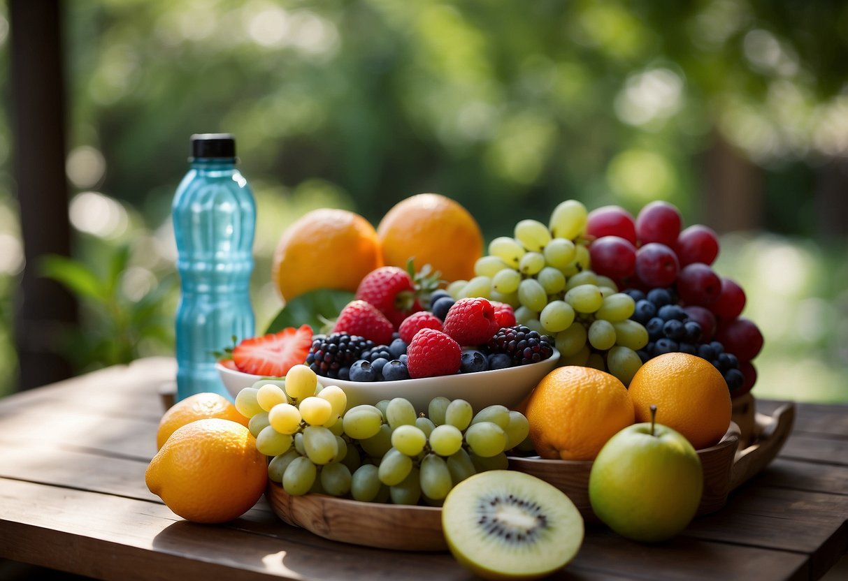 A colorful array of fresh fruits arranged on a platter, surrounded by a yoga mat, water bottle, and a serene outdoor setting