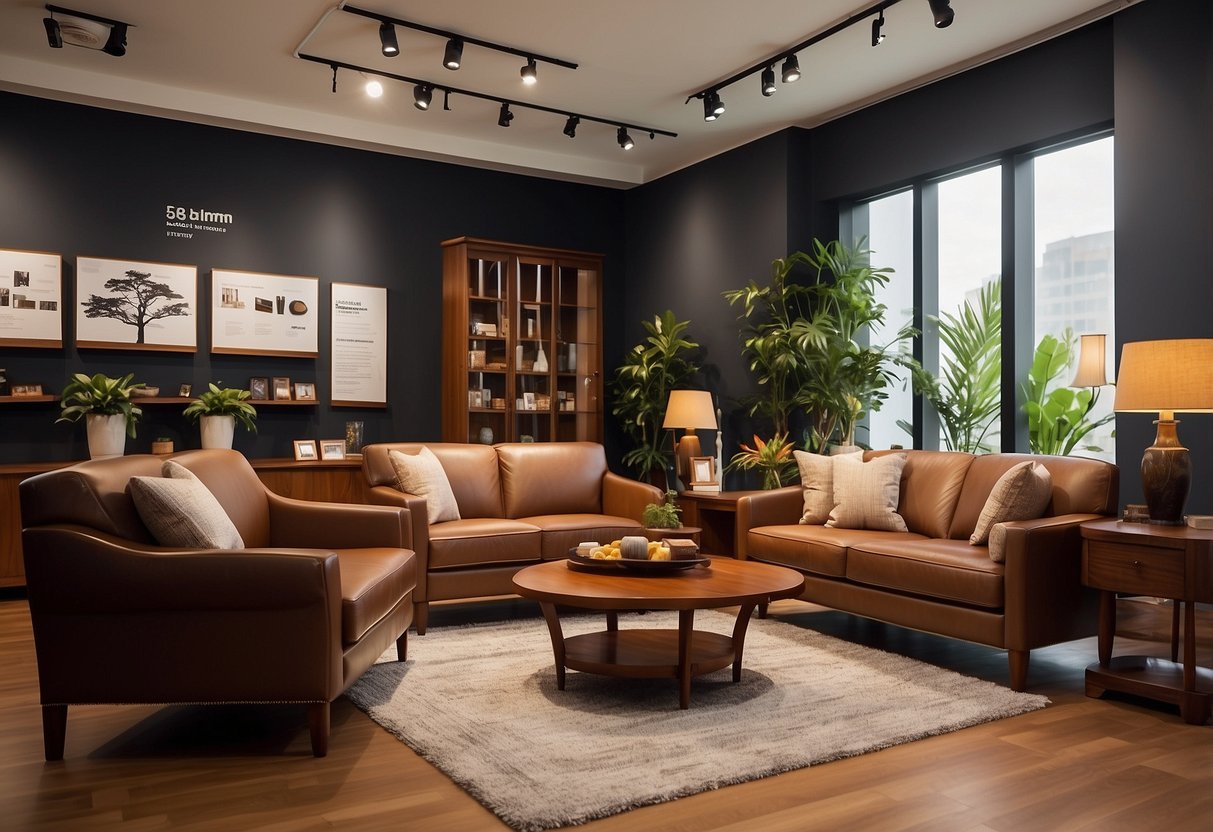 A cozy showroom with elegant teak and mahogany furniture, featuring a display of FAQs about the products