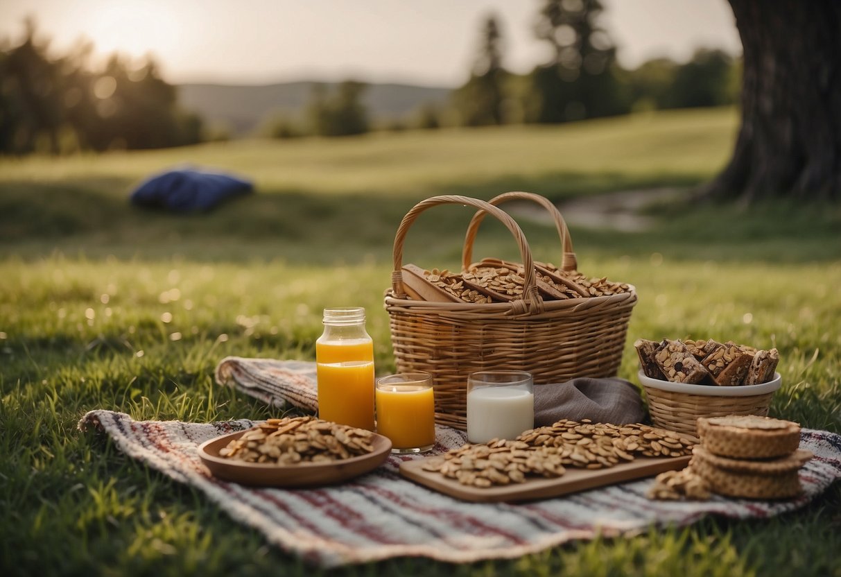 A picnic blanket spread out on green grass with a basket filled with homemade granola bars and yoga mats laid out for a session