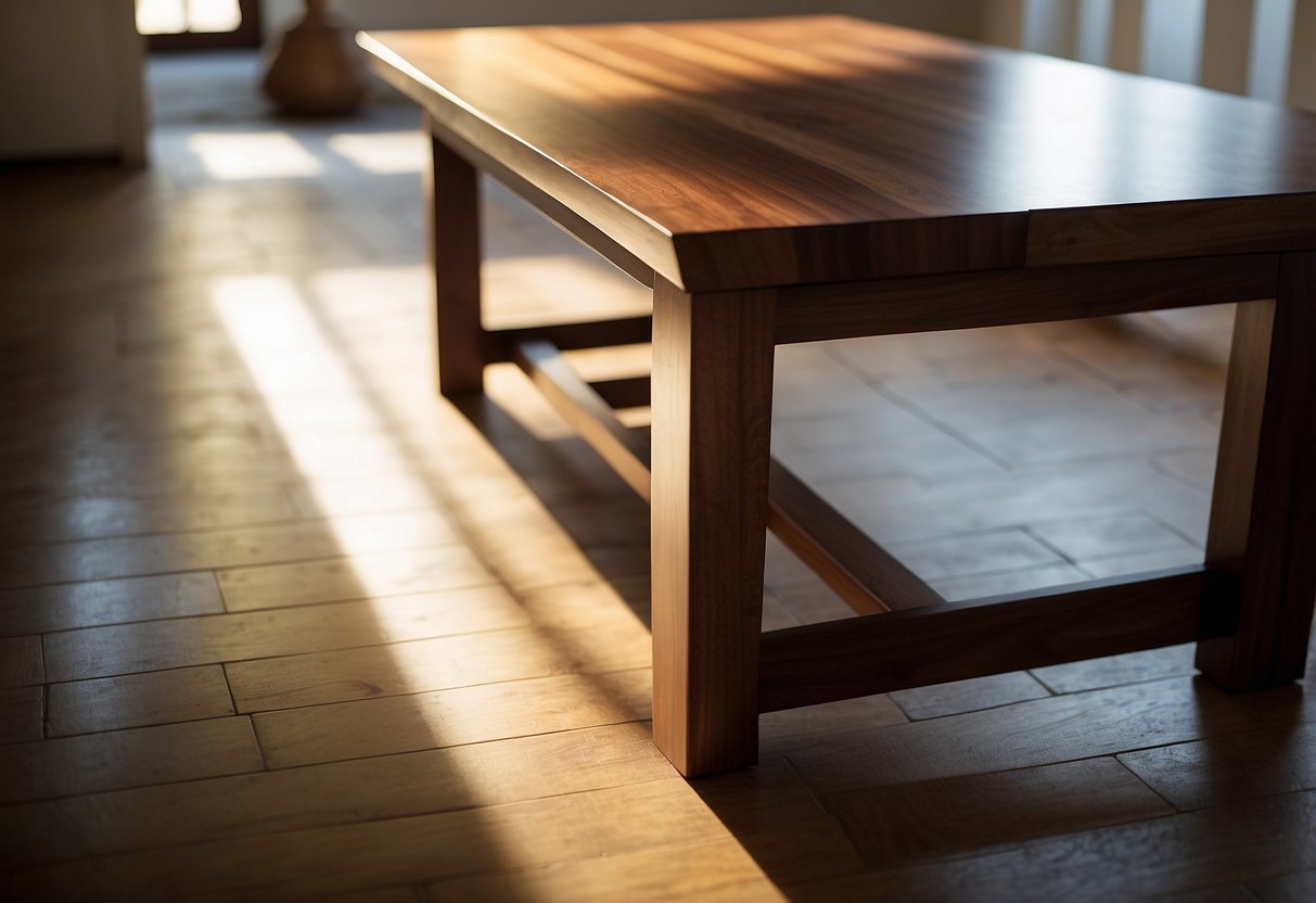 A solid walnut table stands in a sunlit room, showcasing the rich grains and smooth finish of the quality wood craftsmanship