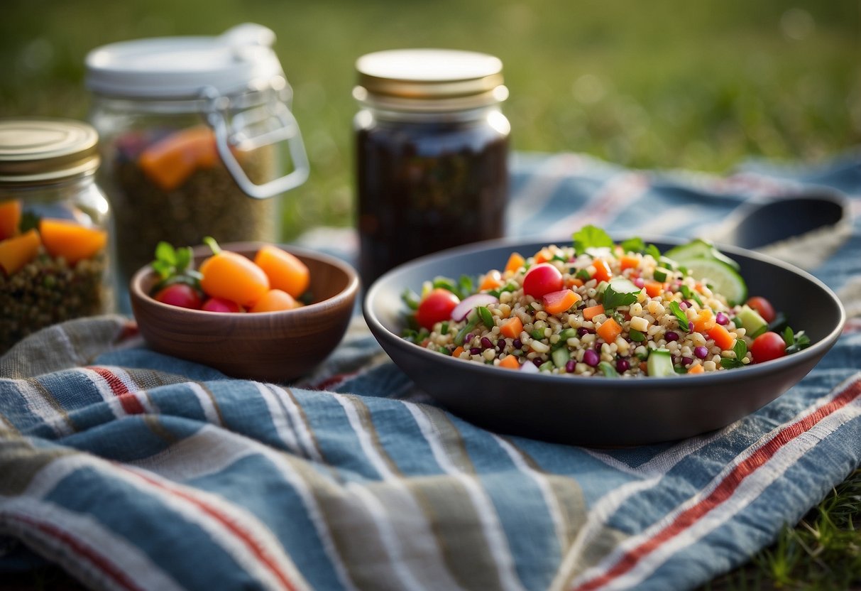 A picnic blanket with open jars of colorful quinoa salad, surrounded by yoga mats and props in a serene outdoor setting