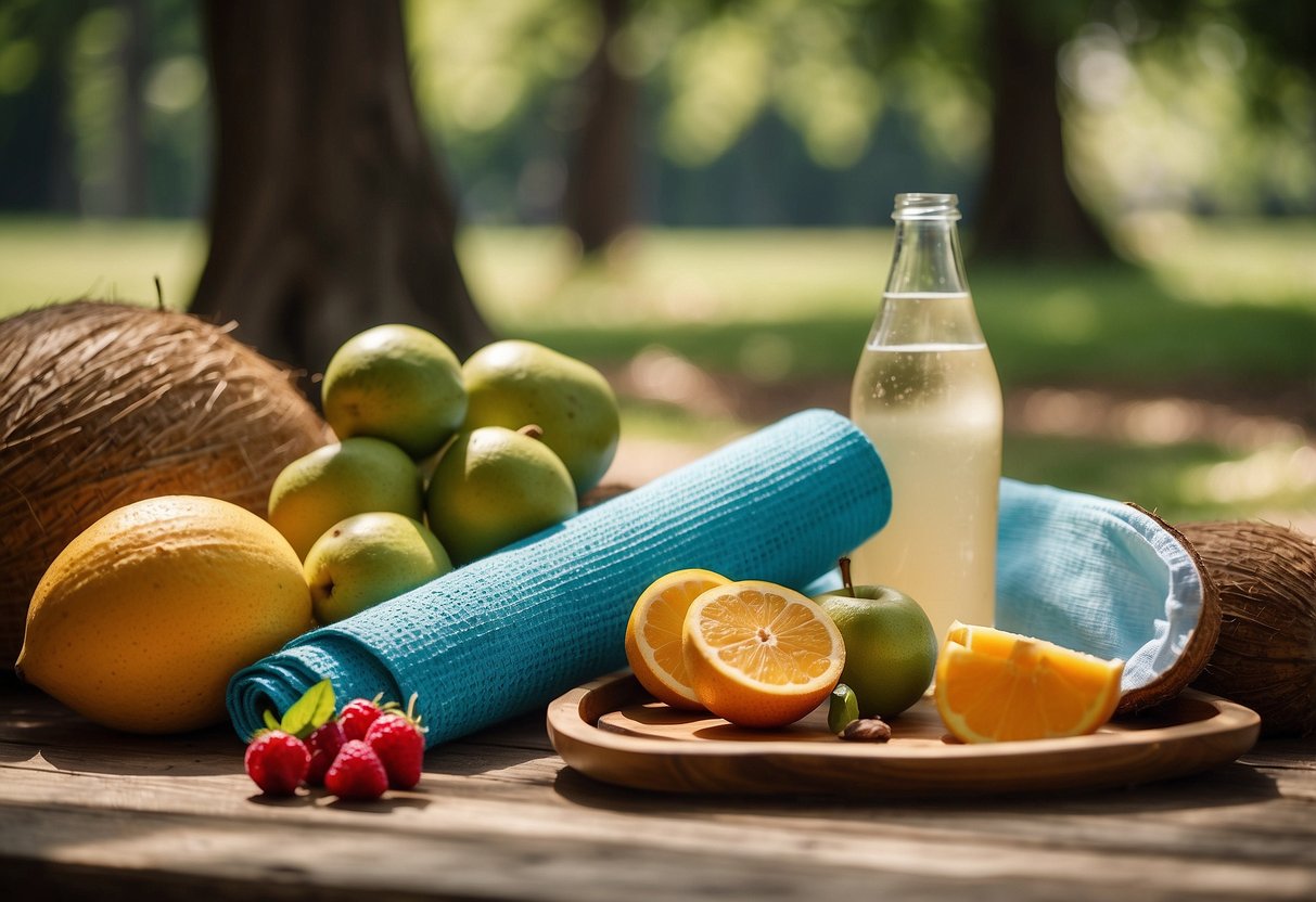 A serene yoga mat surrounded by coconut water, fresh fruit, and a picnic spread under a shady tree