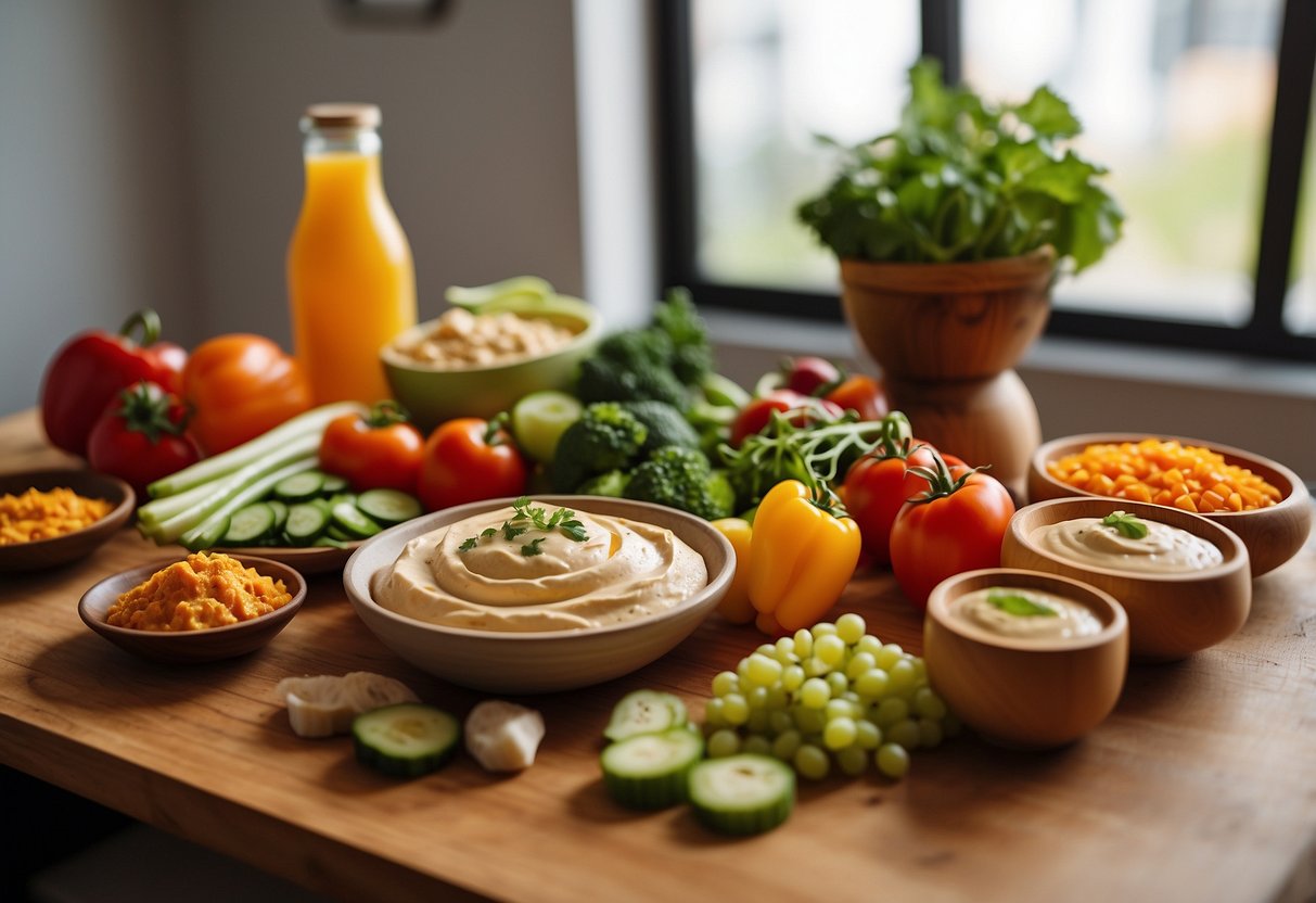 A colorful array of fresh vegetables arranged on a wooden board, surrounded by jars of hummus and dip. A yoga mat and water bottle sit nearby