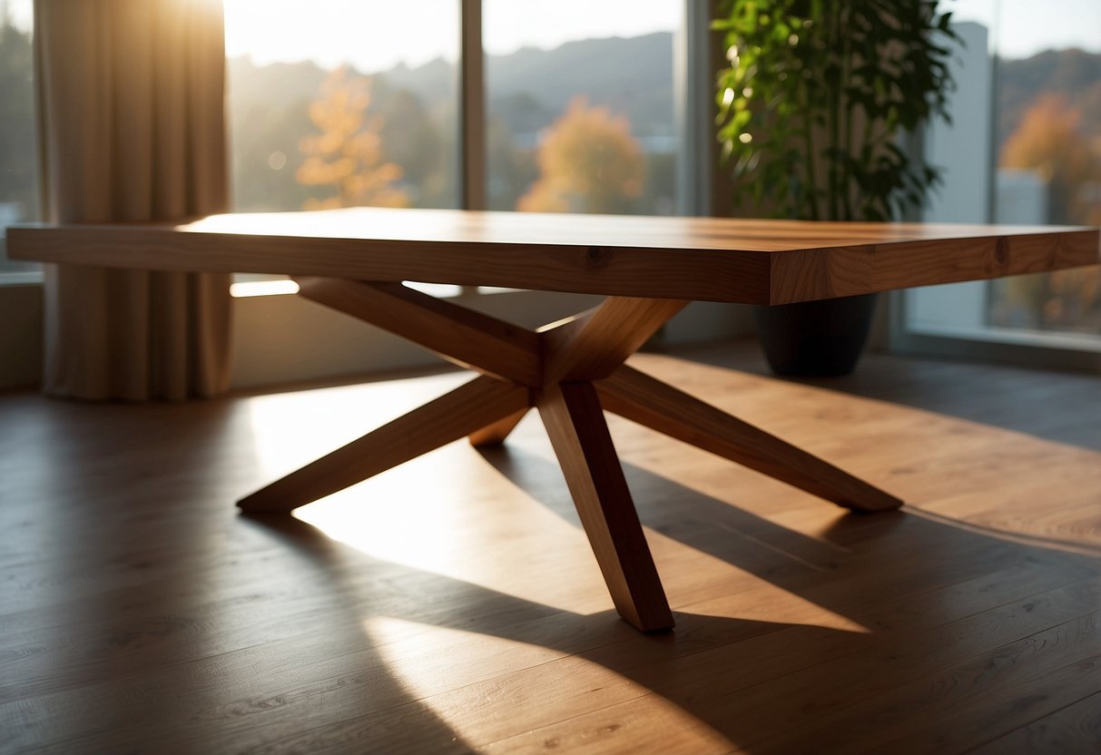 A sturdy red oak wood table stands in a sunlit room, showcasing its prominent grain and warm reddish-brown hue