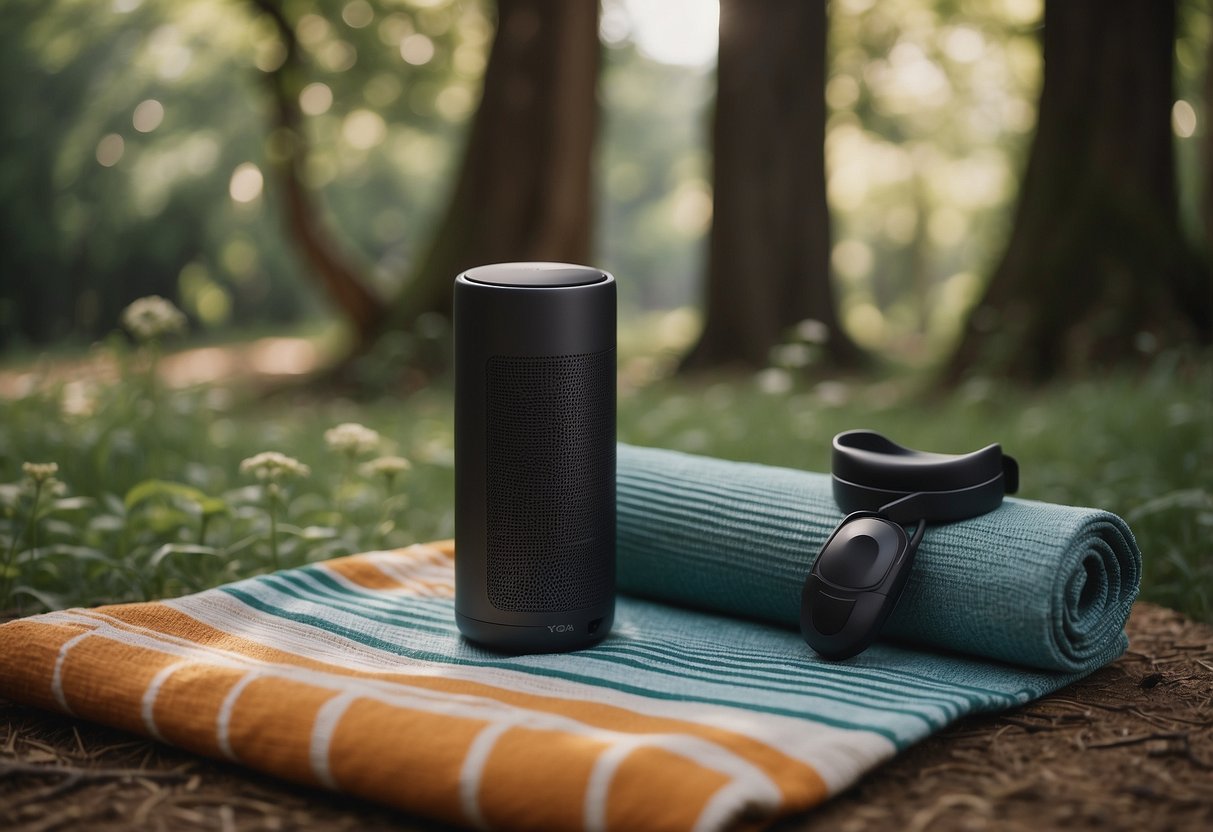 A serene outdoor setting with a colorful picnic blanket, yoga mats, and a portable speaker playing a calming meditation playlist. Surrounding trees and greenery create a peaceful atmosphere for a yoga session