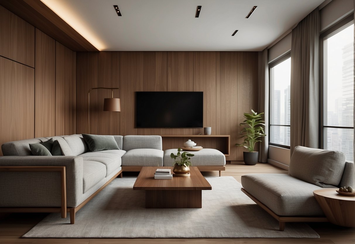 A room with a modern, minimalist design featuring real walnut furniture. Clean lines, warm wood tones, and sleek finishes create a sophisticated and inviting space