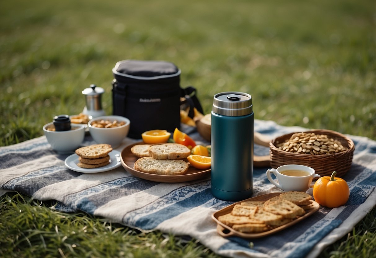 A colorful picnic blanket spread out on a grassy field, with a thermos of herbal tea, yoga mats, and a basket of healthy snacks