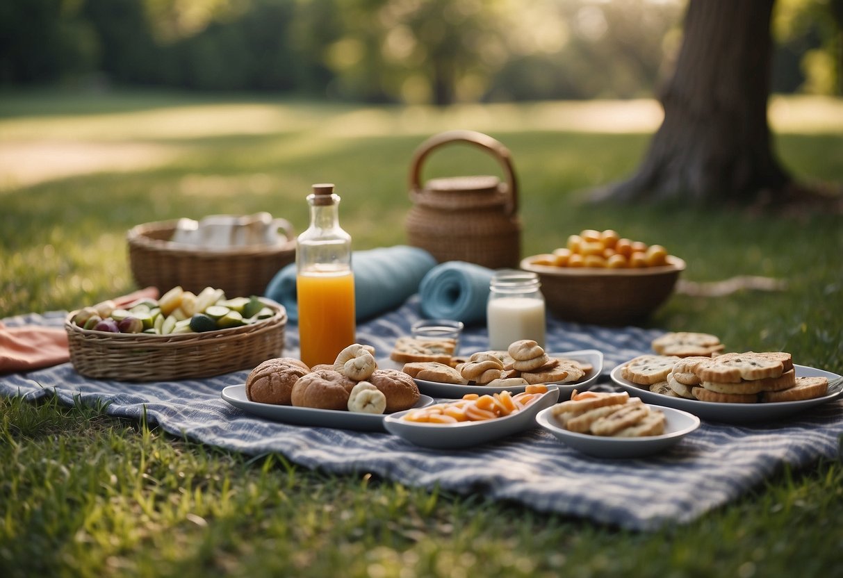 A serene outdoor setting with a colorful picnic spread, yoga mats, and props. Surrounding nature provides a tranquil backdrop for a peaceful yoga session