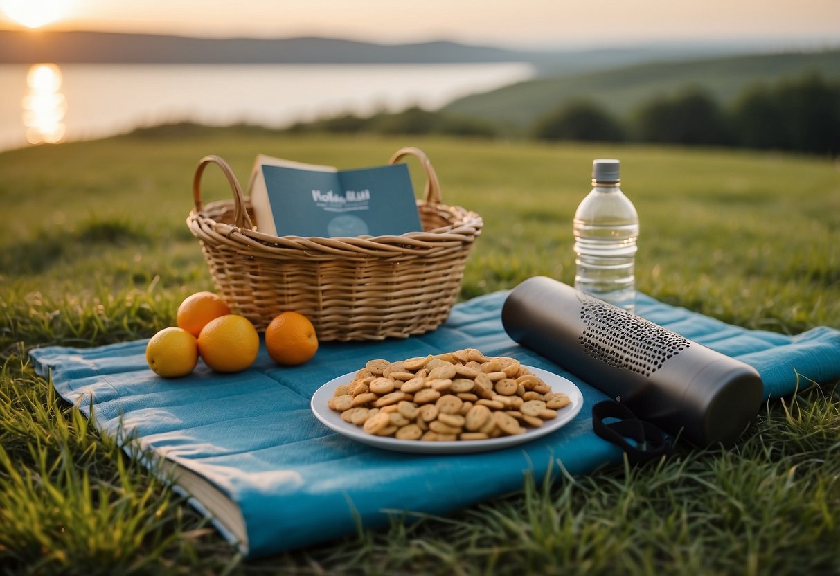 A yoga mat laid out on a grassy field with a basket of healthy snacks, a water bottle, and a book on yoga poses. Nearby, a small portable speaker plays calming music